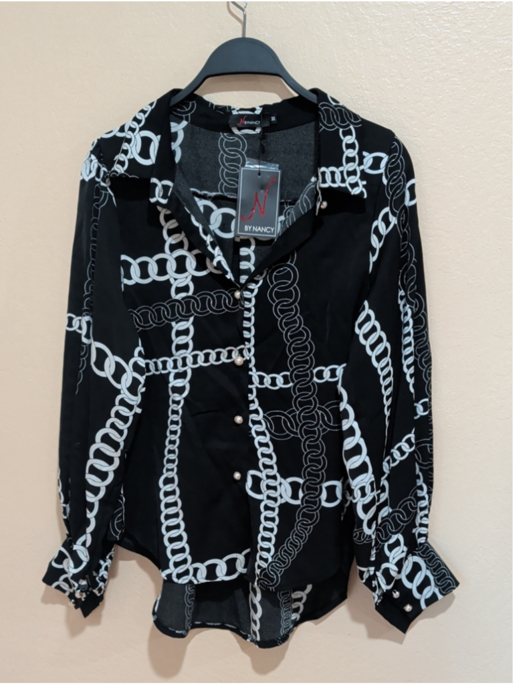 N by Nancy Black Chain-Print Button-Up Blouse